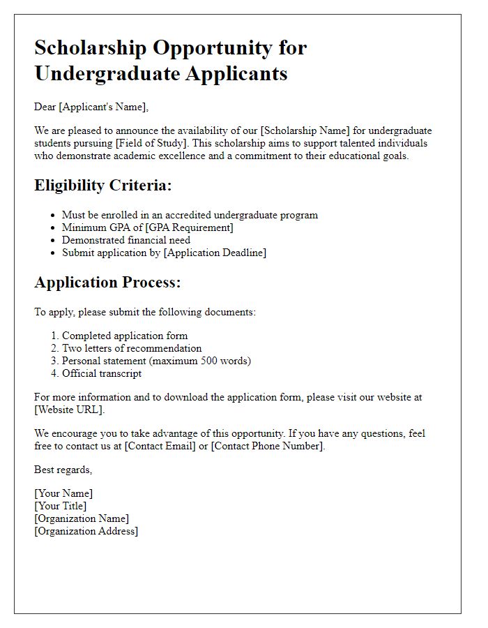 Letter template of scholarship opportunity for undergraduate applicants