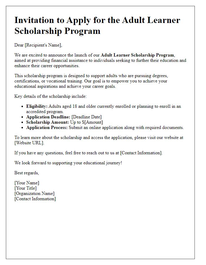 Letter template of scholarship program launch for adult learners