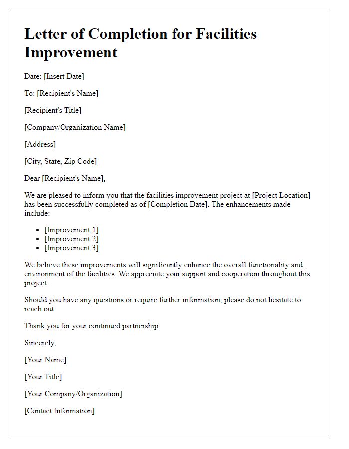 Letter template of completed facilities improvement