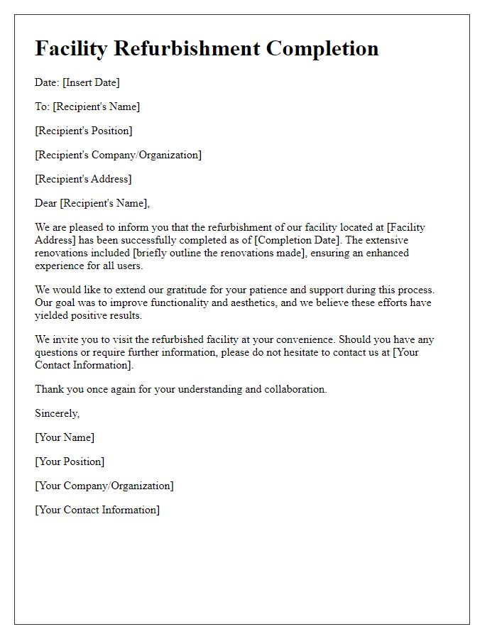 Letter template of facility refurbishment completion