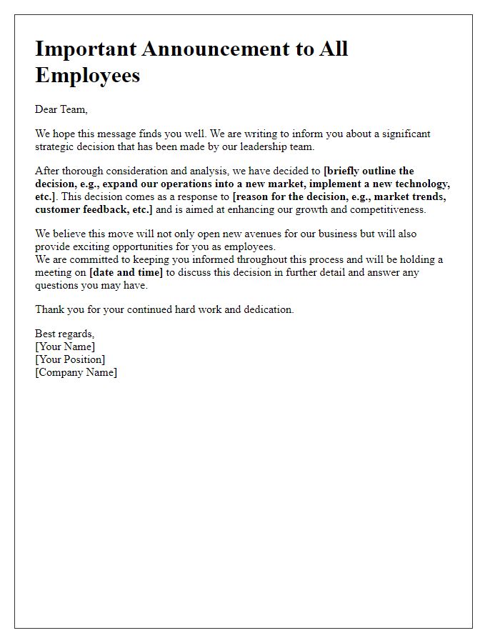 Letter template of strategic business decision announcement to employees