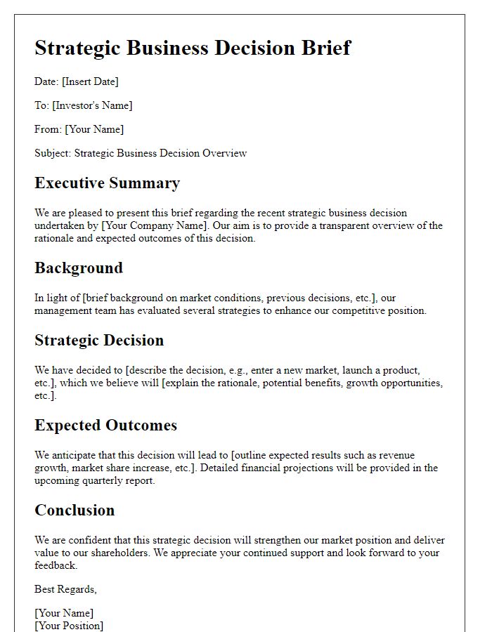 Letter template of strategic business decision brief for investors