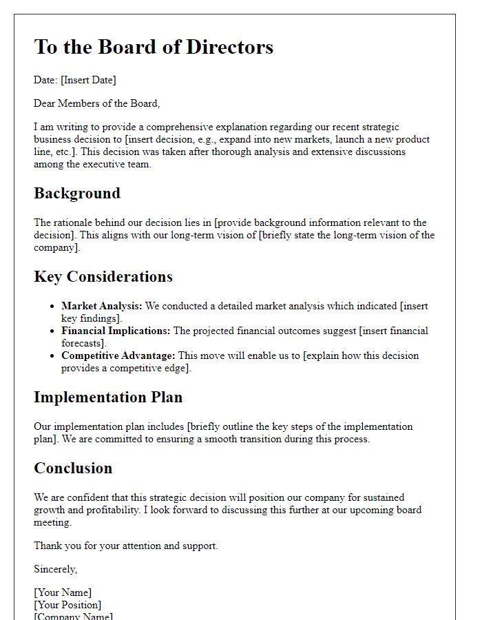 Letter template of strategic business decision explanation for the board