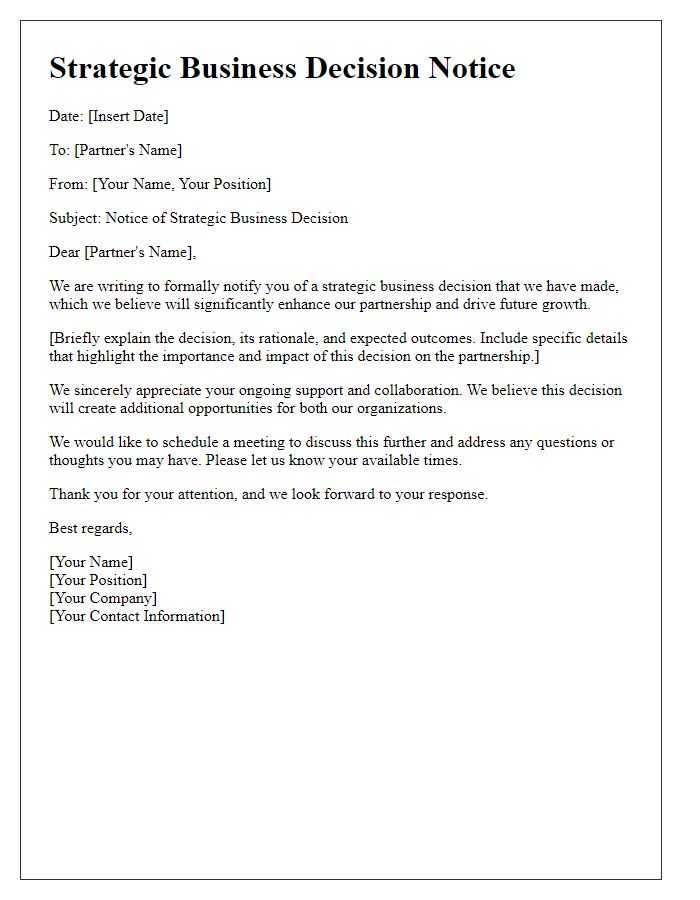 Letter template of strategic business decision notice for partners