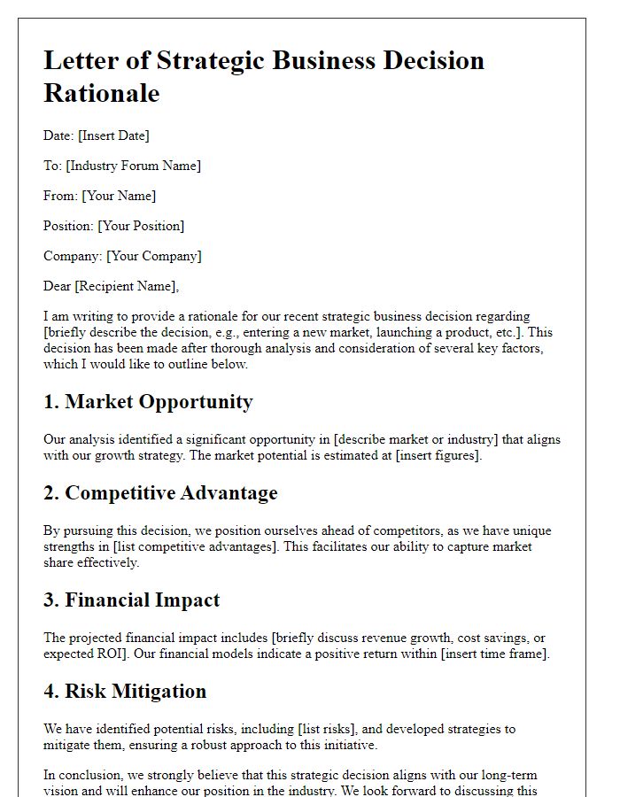 Letter template of strategic business decision rationale for the industry forum