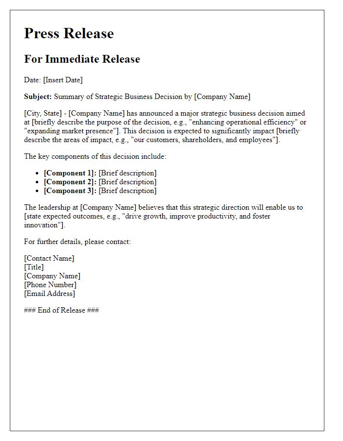 Letter template of strategic business decision summary for the press