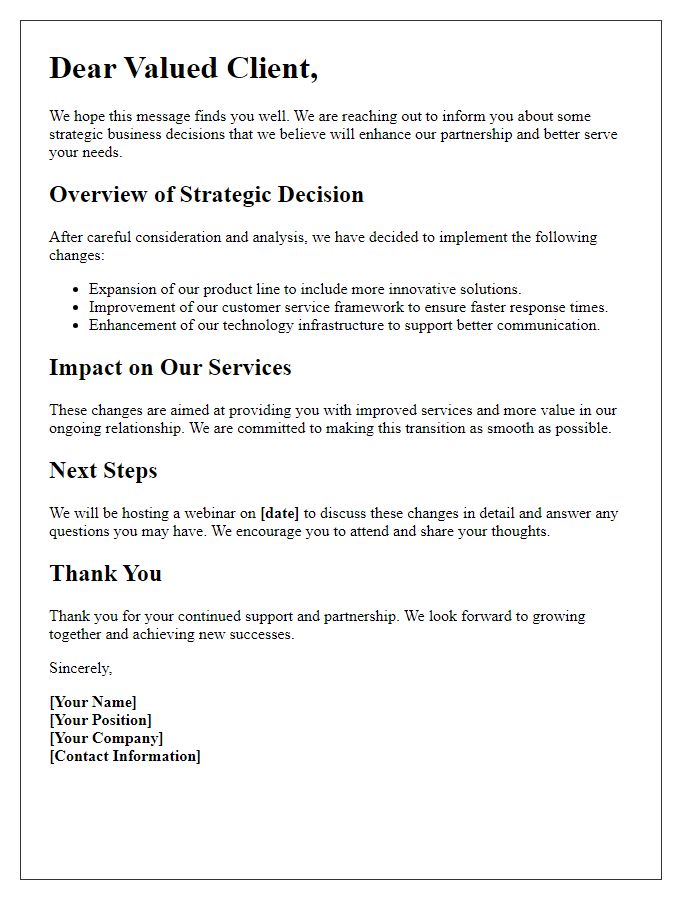 Letter template of strategic business decision update for clients