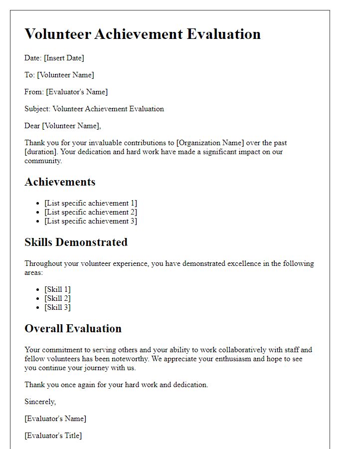 Letter template of volunteer achievement evaluation.