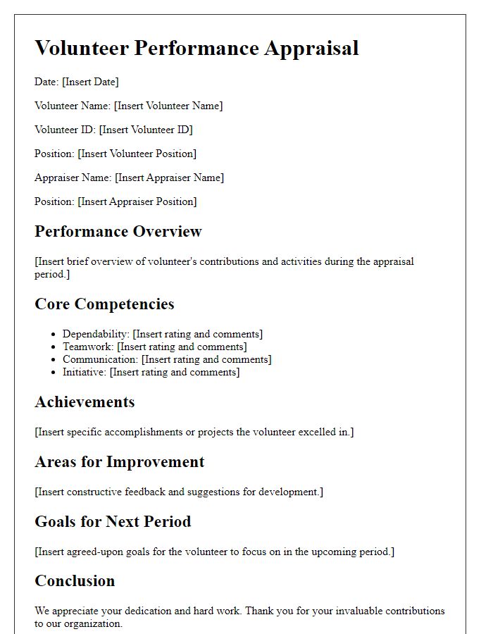 Letter template of volunteer performance appraisal.