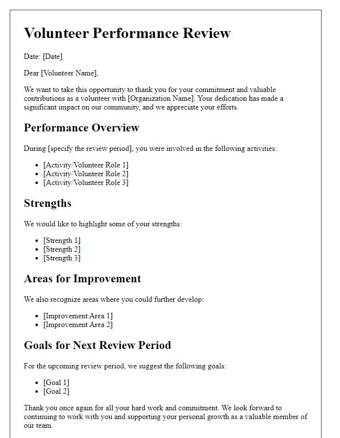 Letter template of volunteer performance review.