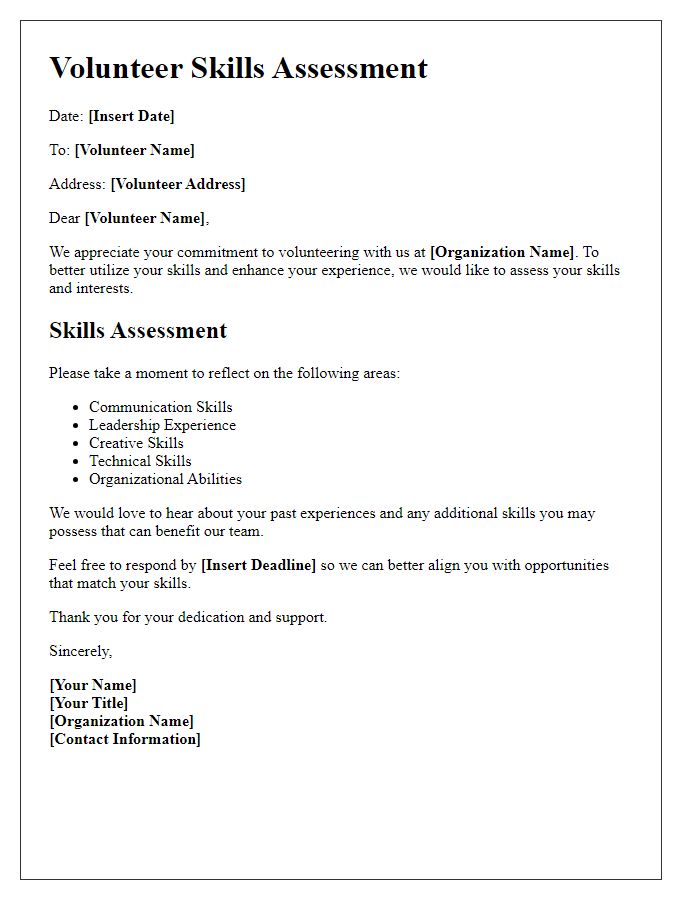 Letter template of volunteer skills assessment.