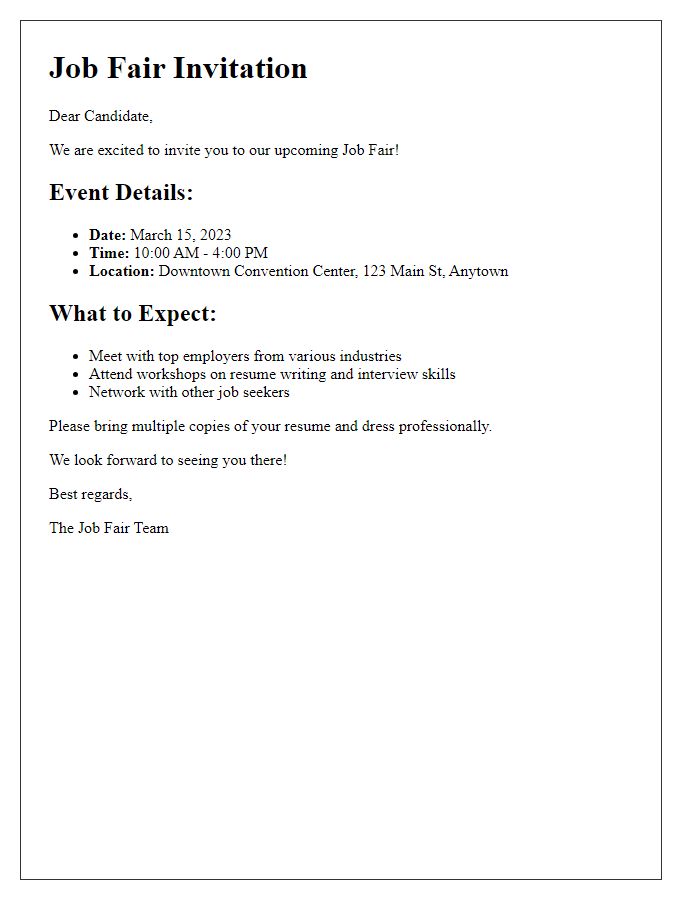 Letter template of job fair details share for candidates