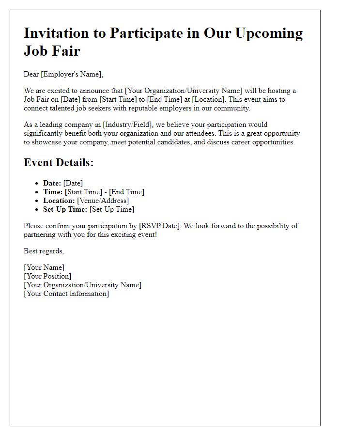 Letter template of job fair participation announcement for prospective employers