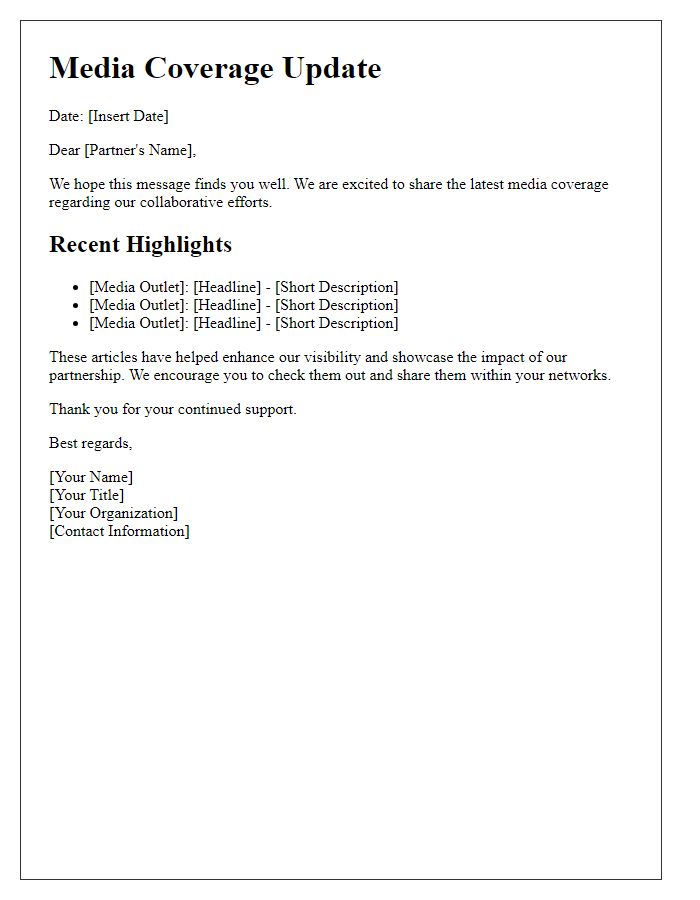Letter template of media coverage update for partners.