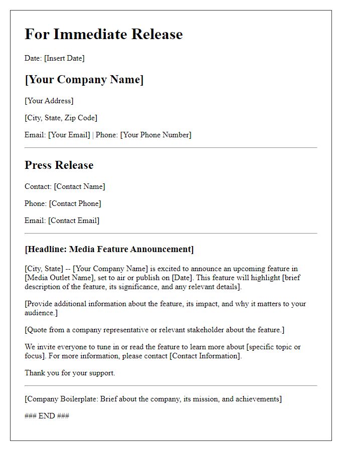 Letter template of media feature announcement for press release.