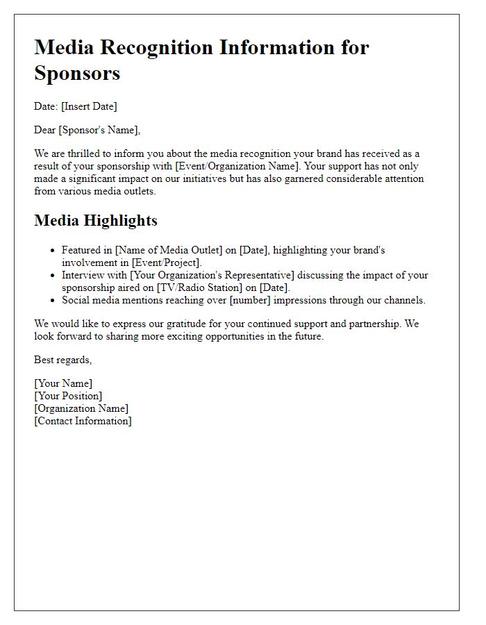 Letter template of media recognition information for sponsors.