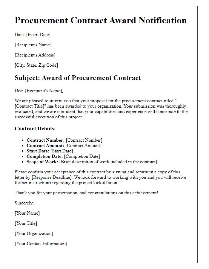 Letter template of awarded procurement contract details