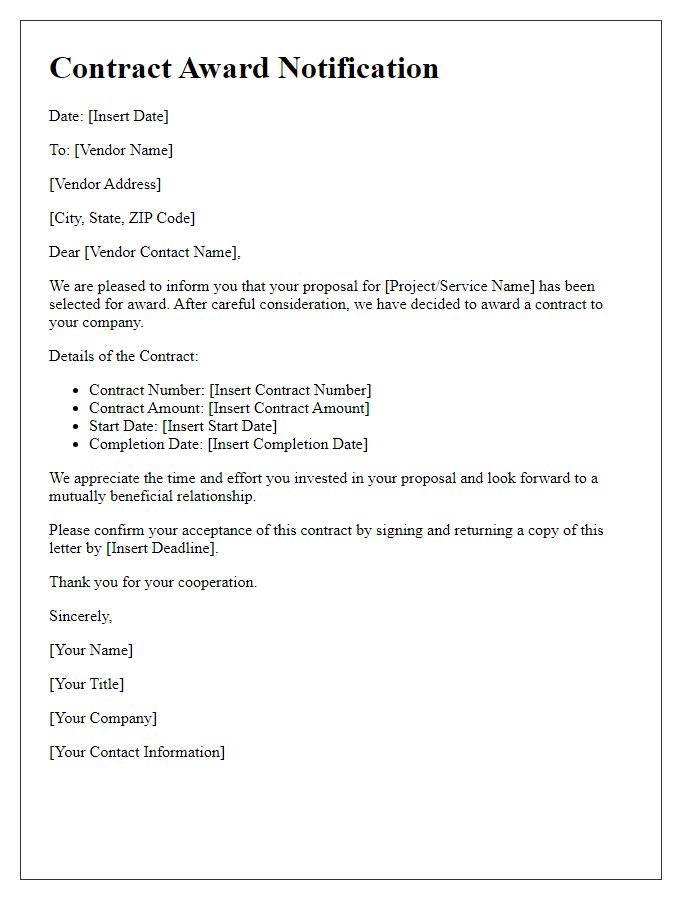 Letter template of contract award notification to vendors