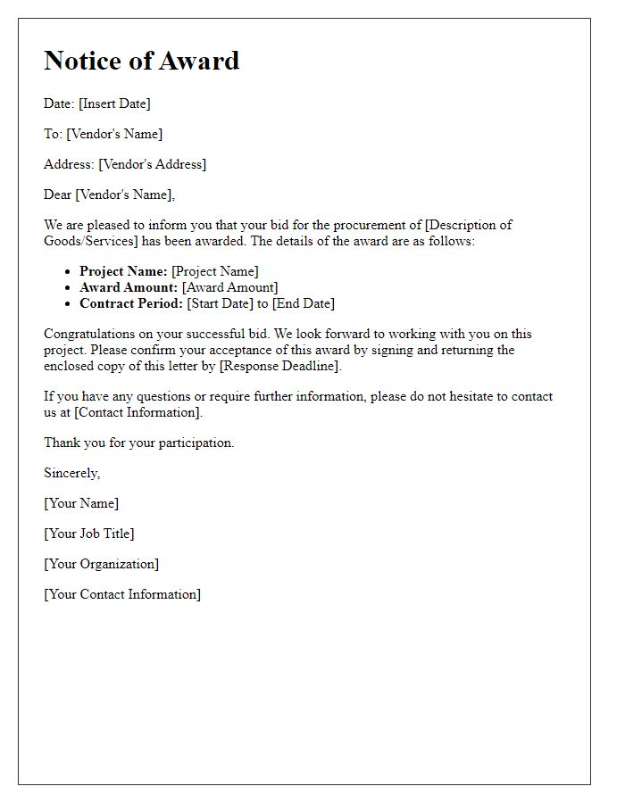 Letter template of notice for awarded procurement bid