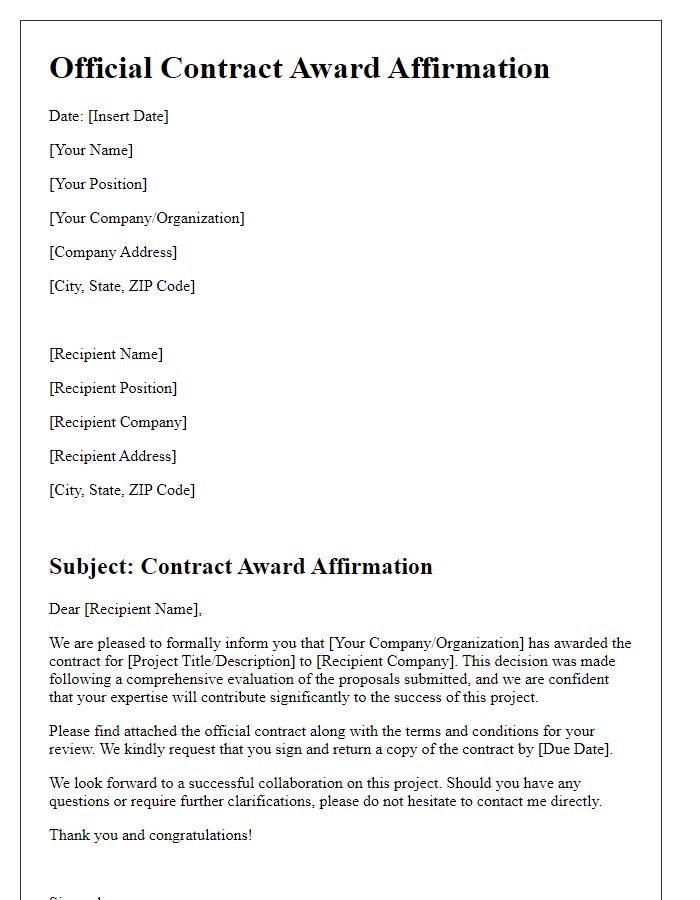 Letter template of official contract award affirmation