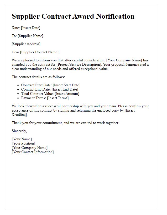 Letter template of supplier contract award communication