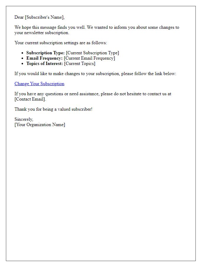 Letter template of changes to your newsletter subscription.