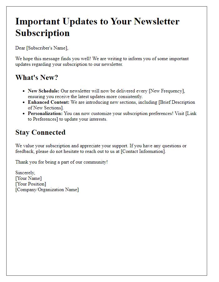 Letter template of important updates to your newsletter subscription.