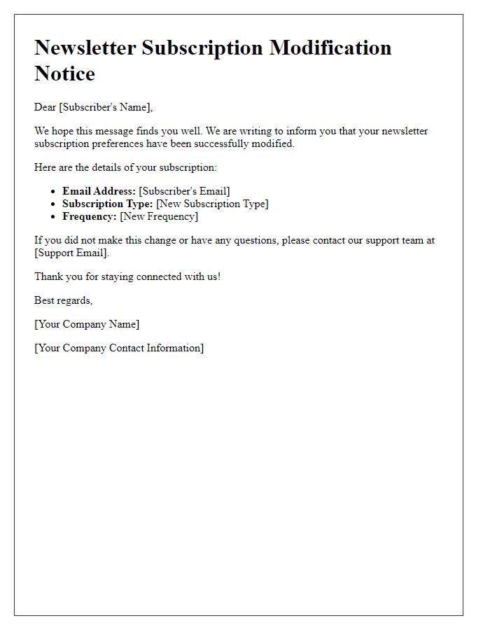 Letter template of newsletter subscription modification notice.