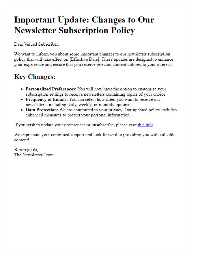 Letter template of newsletter subscription policy alterations.