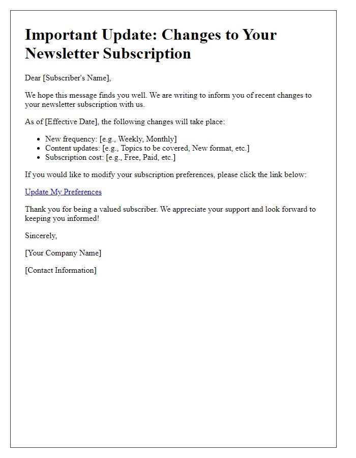 Letter template of notification regarding newsletter subscription changes.