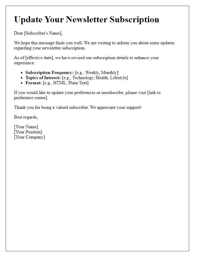 Letter template of revised newsletter subscription information.