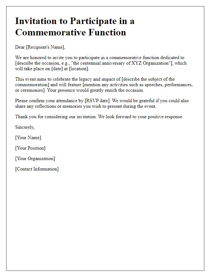 Letter template of invitation to participate in a commemorative function