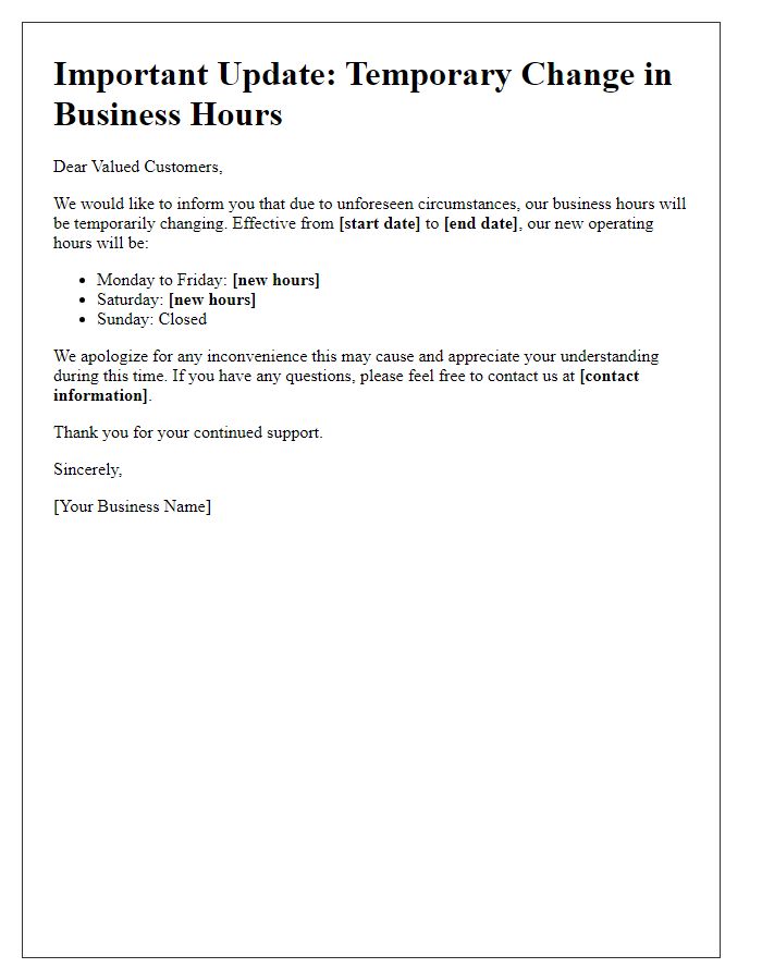 Letter template of alert for temporary change in business hours