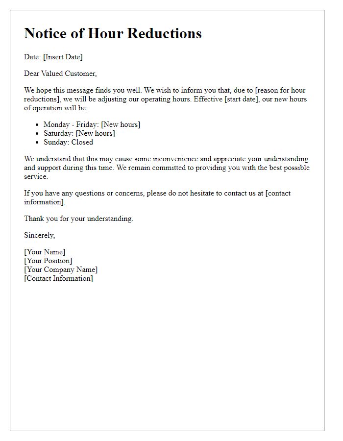 Letter template of customer notice for hour reductions