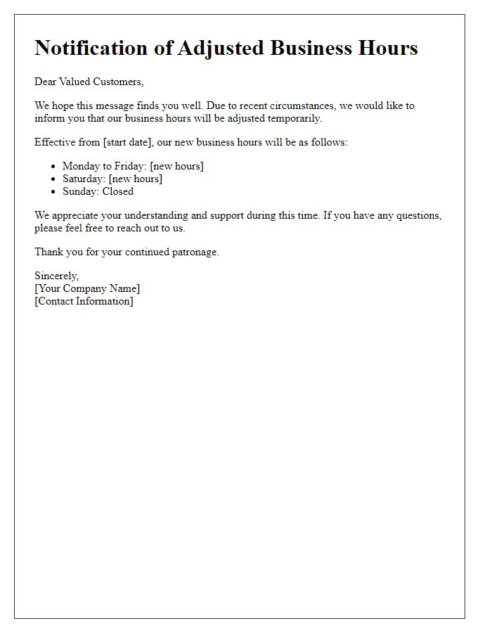 Letter template of notification for adjusted business hours