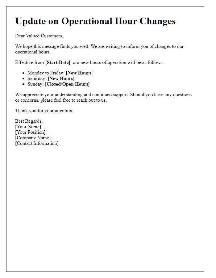 Letter template of update on operational hour changes