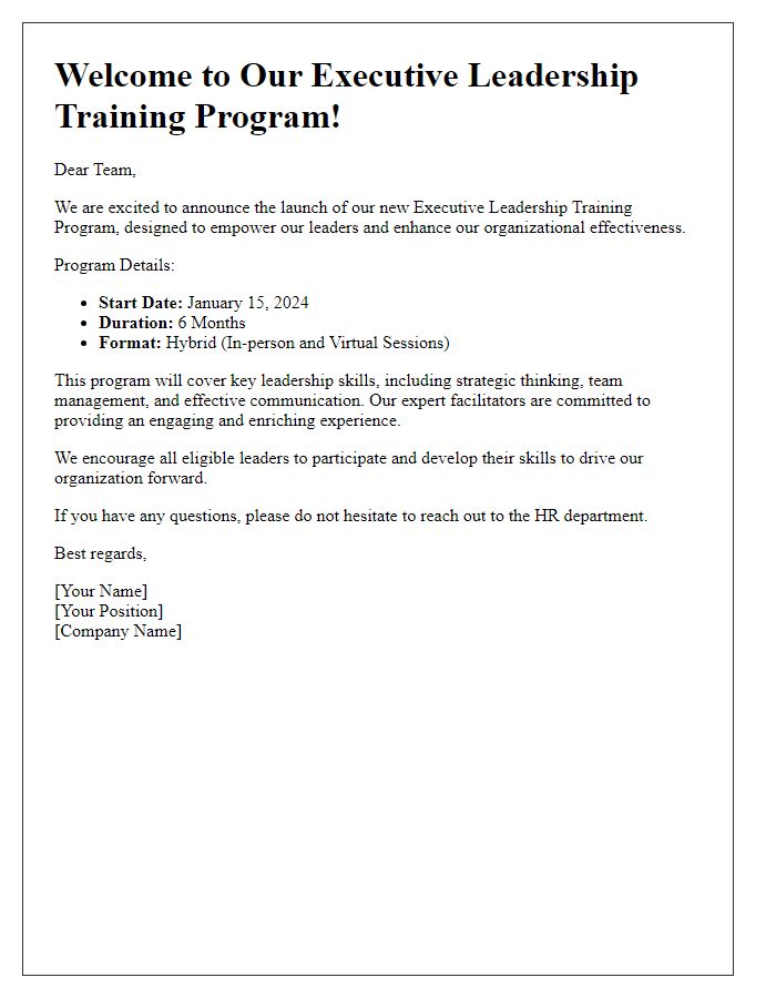 Letter template of executive leadership training launch