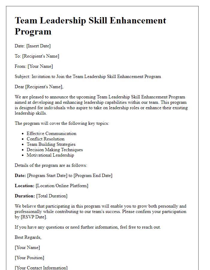 Letter template of team leadership skill enhancement program