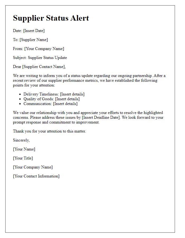 Letter template of supplier status alert