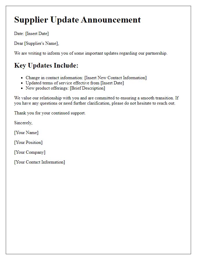 Letter template of supplier update announcement