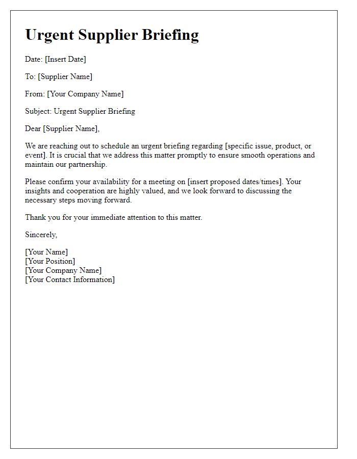 Letter template of urgent supplier briefing