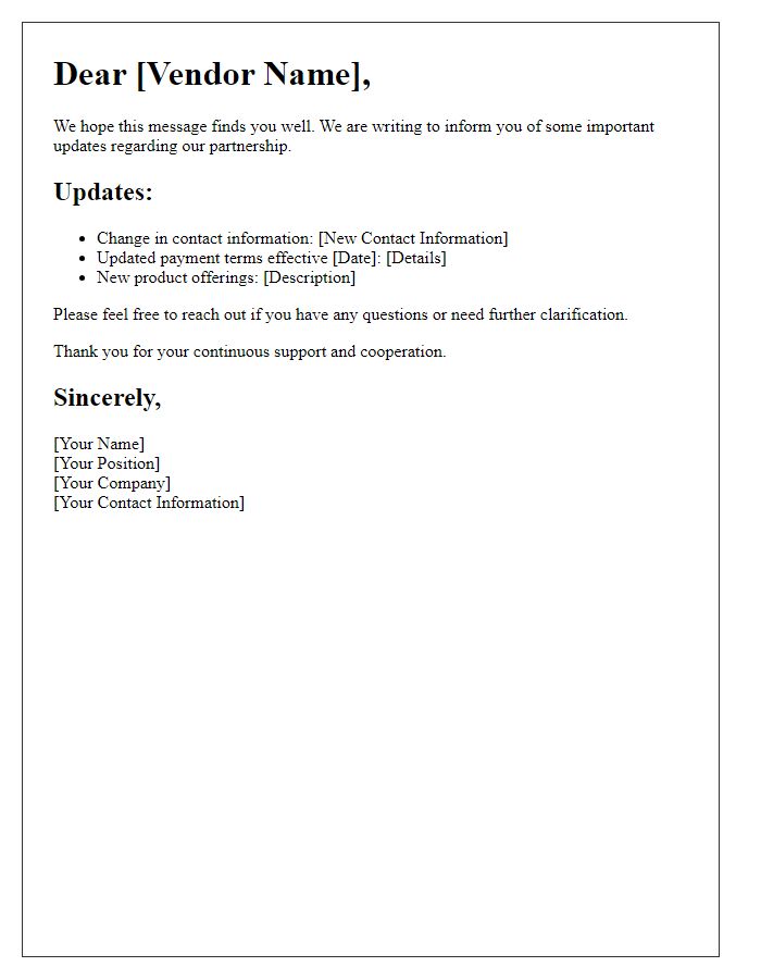 Letter template of vendor update communication