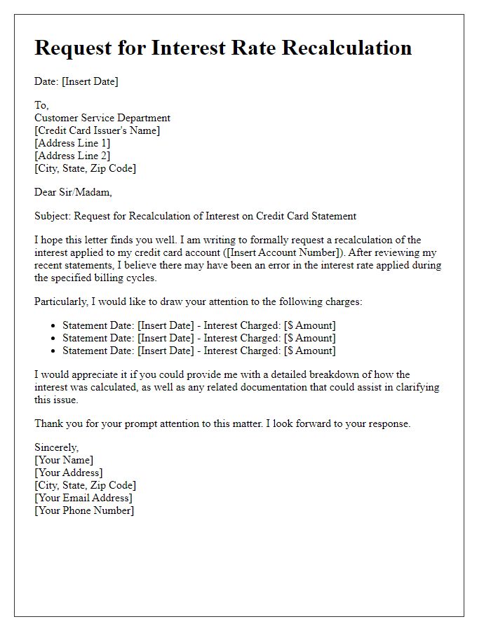 Letter template of interest recalculation for credit card statement