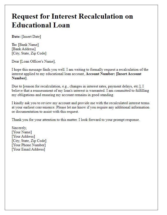 Letter template of interest recalculation for educational loan