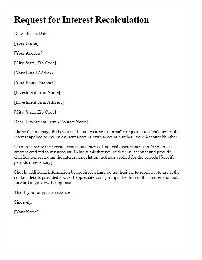 Letter template of interest recalculation for investment account