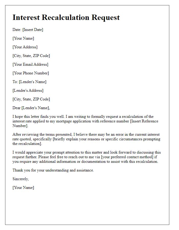 Letter template of interest recalculation for mortgage application