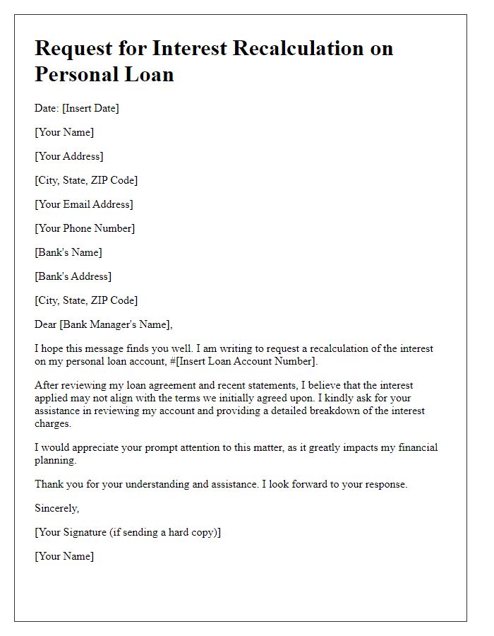 Letter template of interest recalculation for personal loan