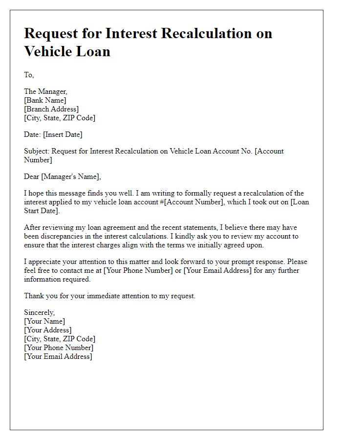 Letter template of interest recalculation for vehicle loan