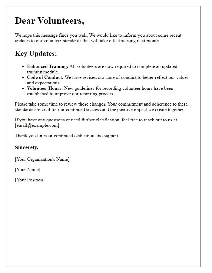 Letter template of Recent Updates to Volunteer Standards