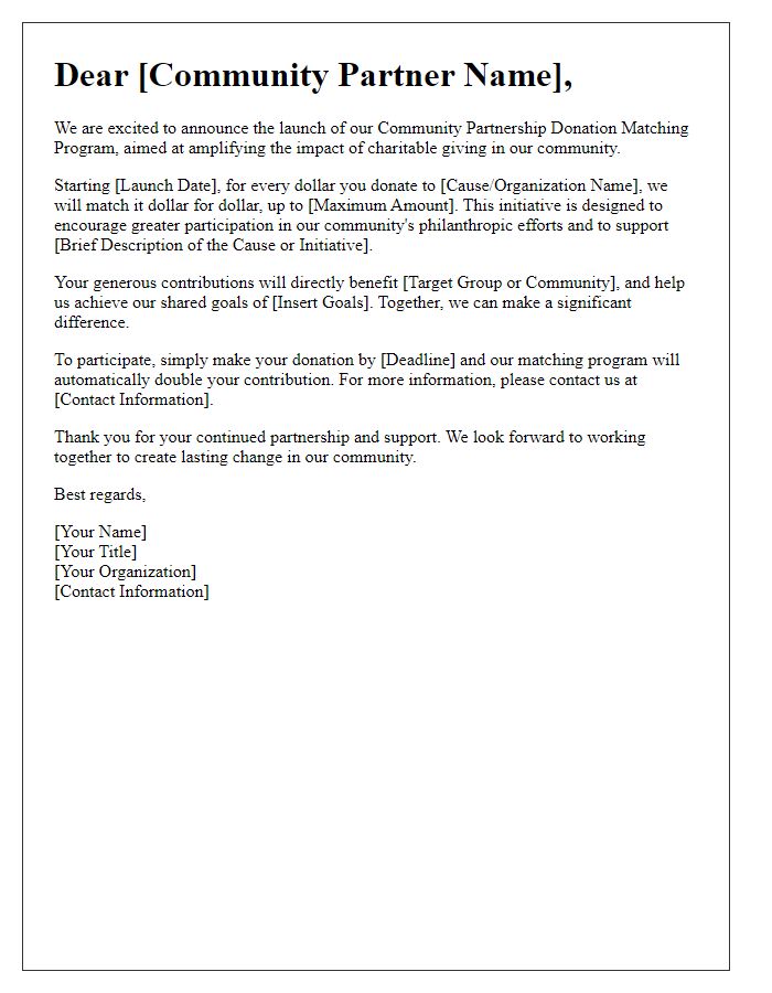 Letter template of Community Partnership Donation Matching Launch